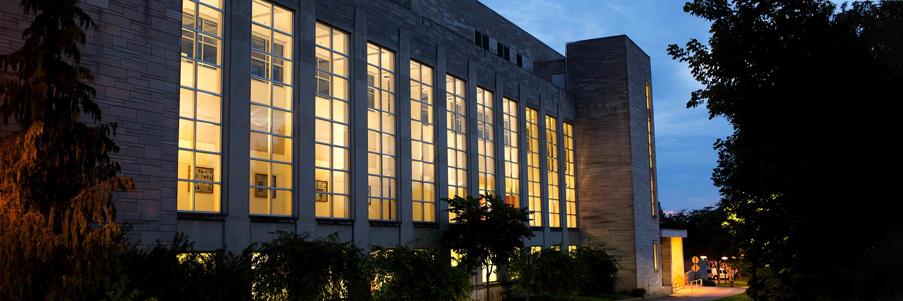 An exterior view of the Radio-Television Building at night